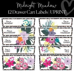 12 Drawer Rolling Cart Labels | Floral Classroom Decor | Midnight Meadow | UPRINT | Schoolgirl Style