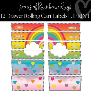 12 Drawer Rolling Cart Labels | Rainbow Classroom Decor | Pops of Rainbow Rays | UPRINT | Schoolgirl Style