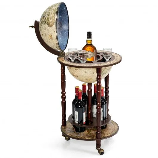 17" Italian Style Wooden Globe Liquor Bottle Wine Rack