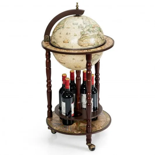 17" Italian Style Wooden Globe Liquor Bottle Wine Rack