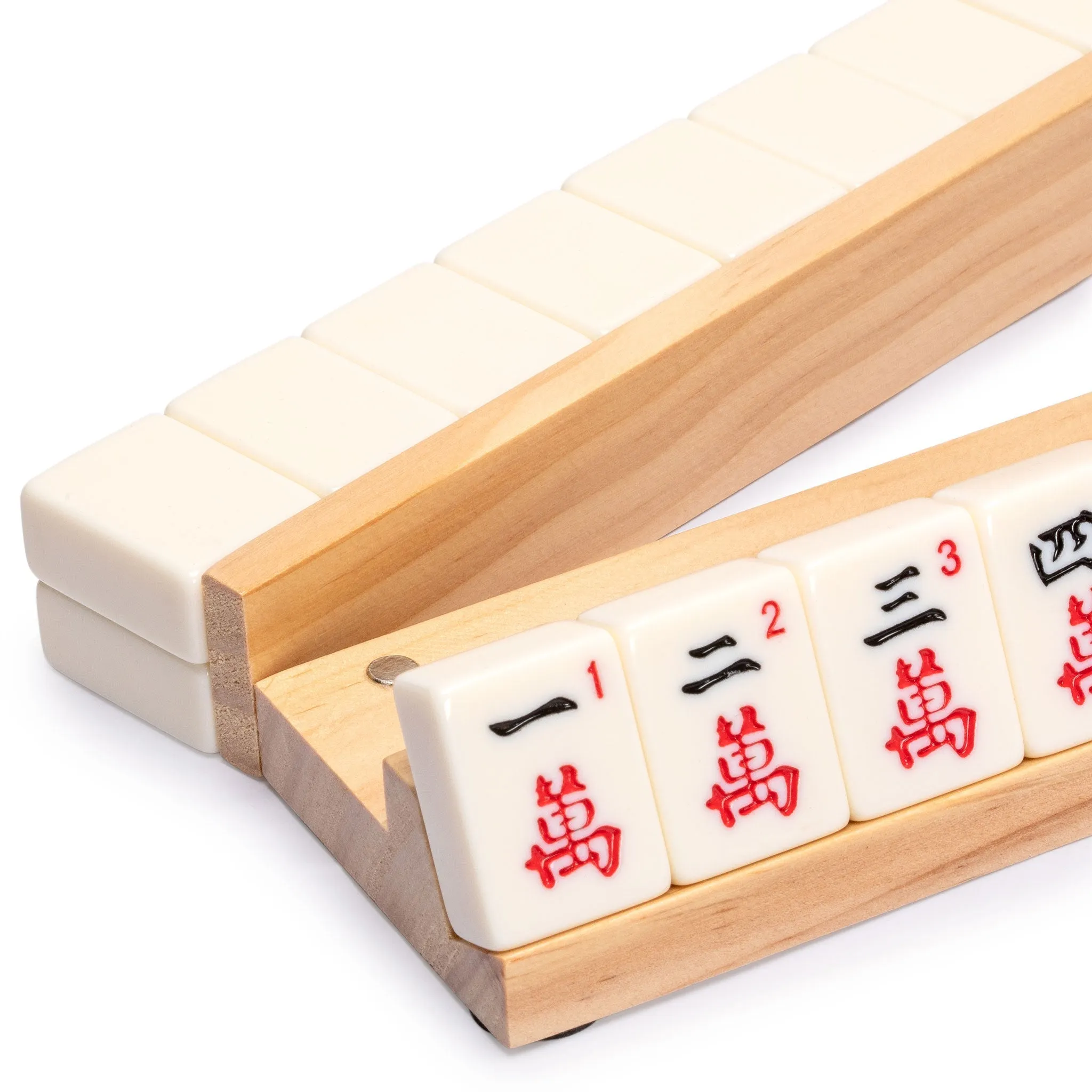 18" Natural Pine Wooden Mahjong Racks with Pushers - Set of 4 (Racks with Pushers Only)