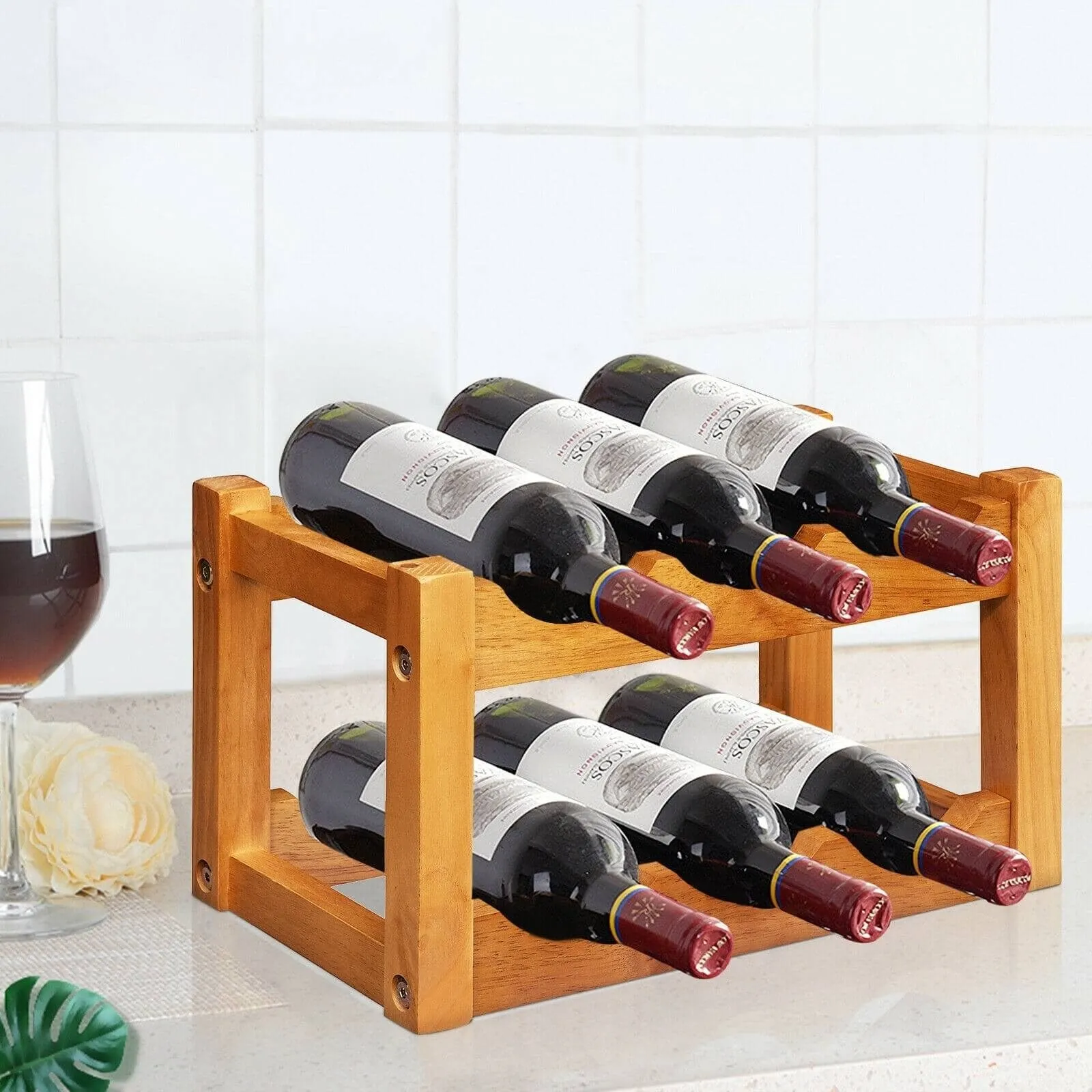 2-Tier Wooden Tabletop Wine Holder