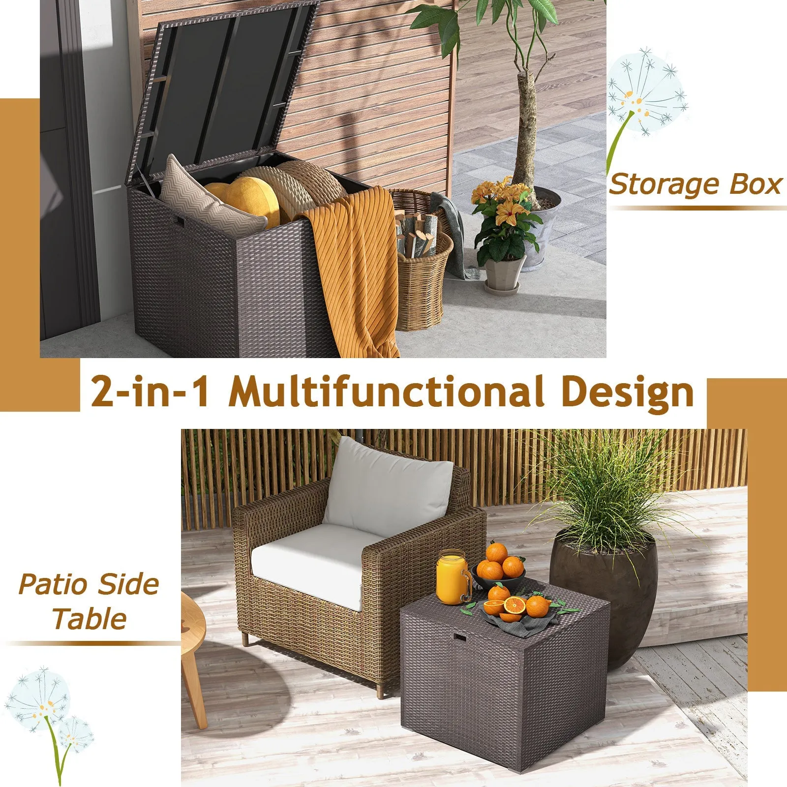 270L Square Rattan Storage Box with Zippered Liner and Pneumatic Rod