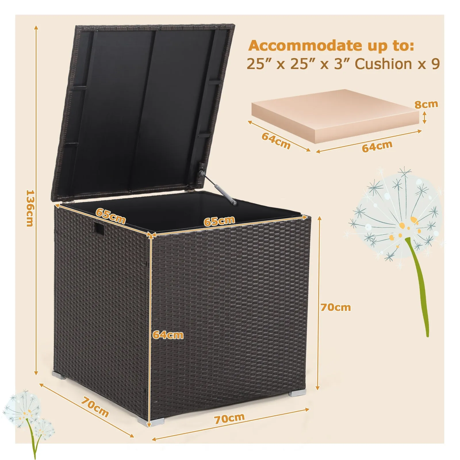 270L Square Rattan Storage Box with Zippered Liner and Pneumatic Rod