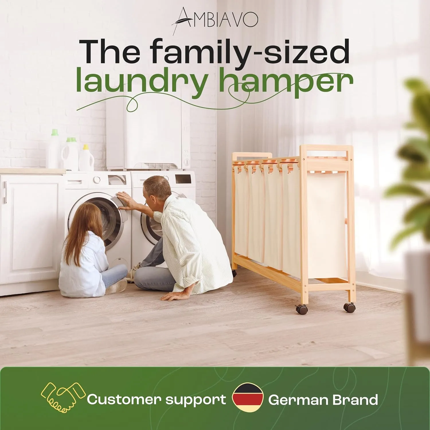 4-Section Laundry Sorter with Wheels – Removable Cotton Bags, Eco-Friendly Bamboo, Stylish Design