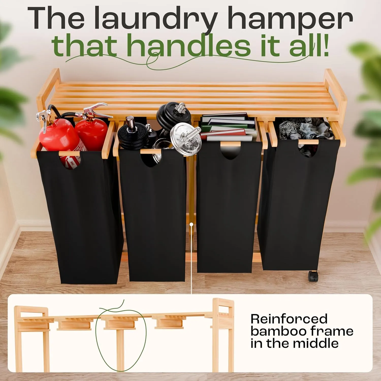 4-Section Laundry Sorter with Wheels – Removable Cotton Bags, Eco-Friendly Bamboo, Stylish Design