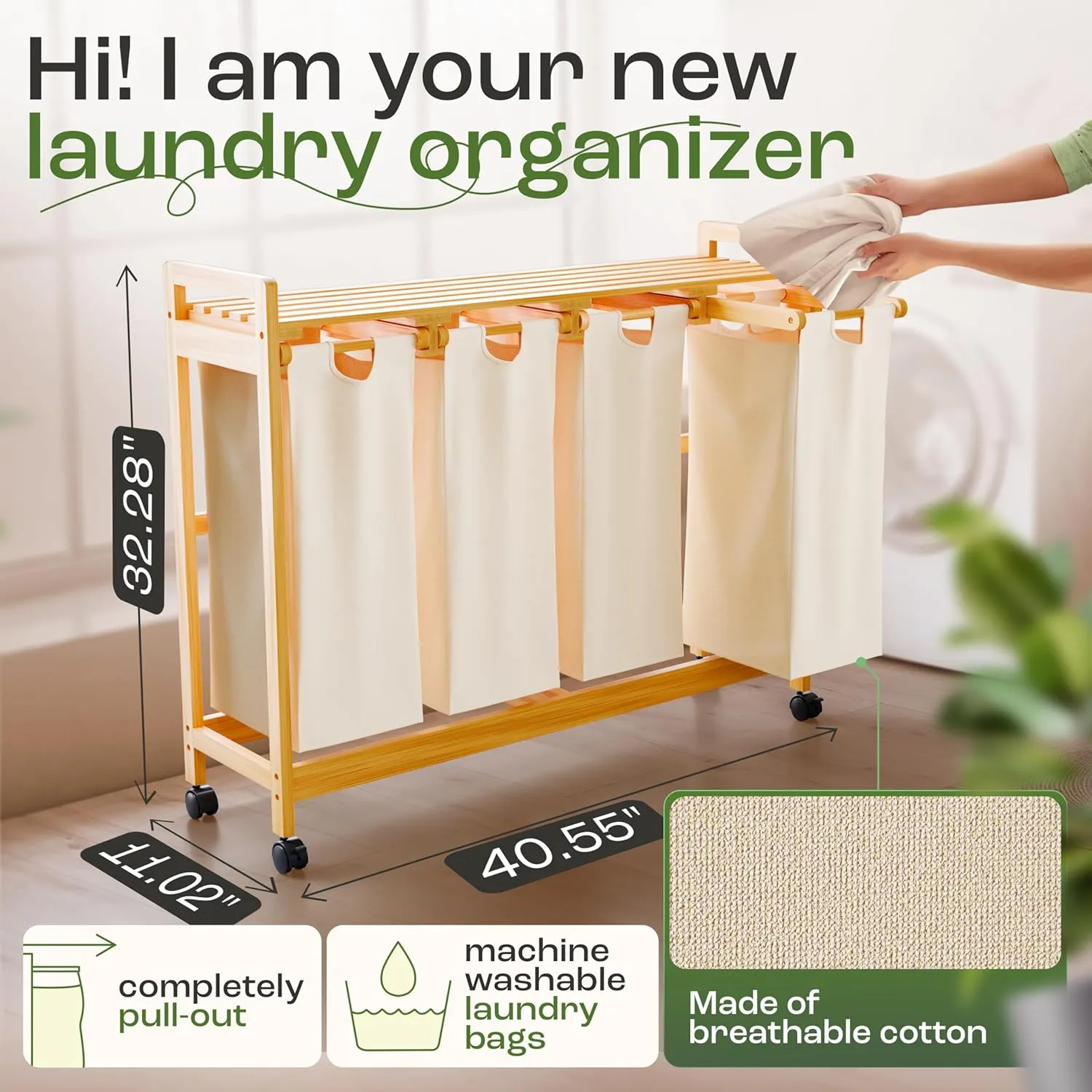 4-Section Laundry Sorter with Wheels – Removable Cotton Bags, Eco-Friendly Bamboo, Stylish Design