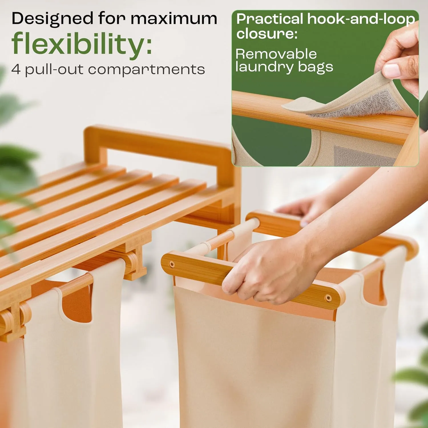 4-Section Laundry Sorter with Wheels – Removable Cotton Bags, Eco-Friendly Bamboo, Stylish Design