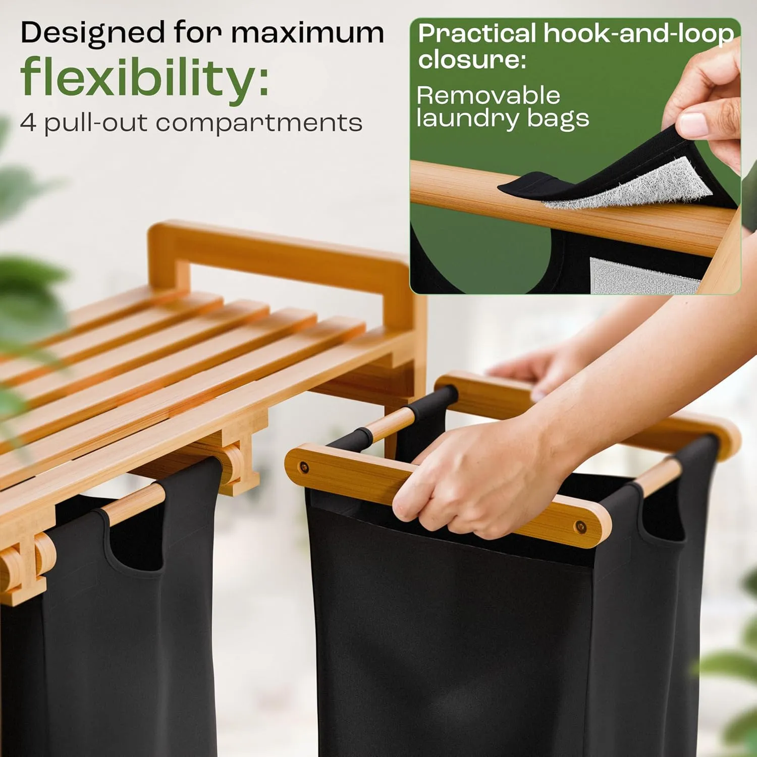 4-Section Laundry Sorter with Wheels – Removable Cotton Bags, Eco-Friendly Bamboo, Stylish Design