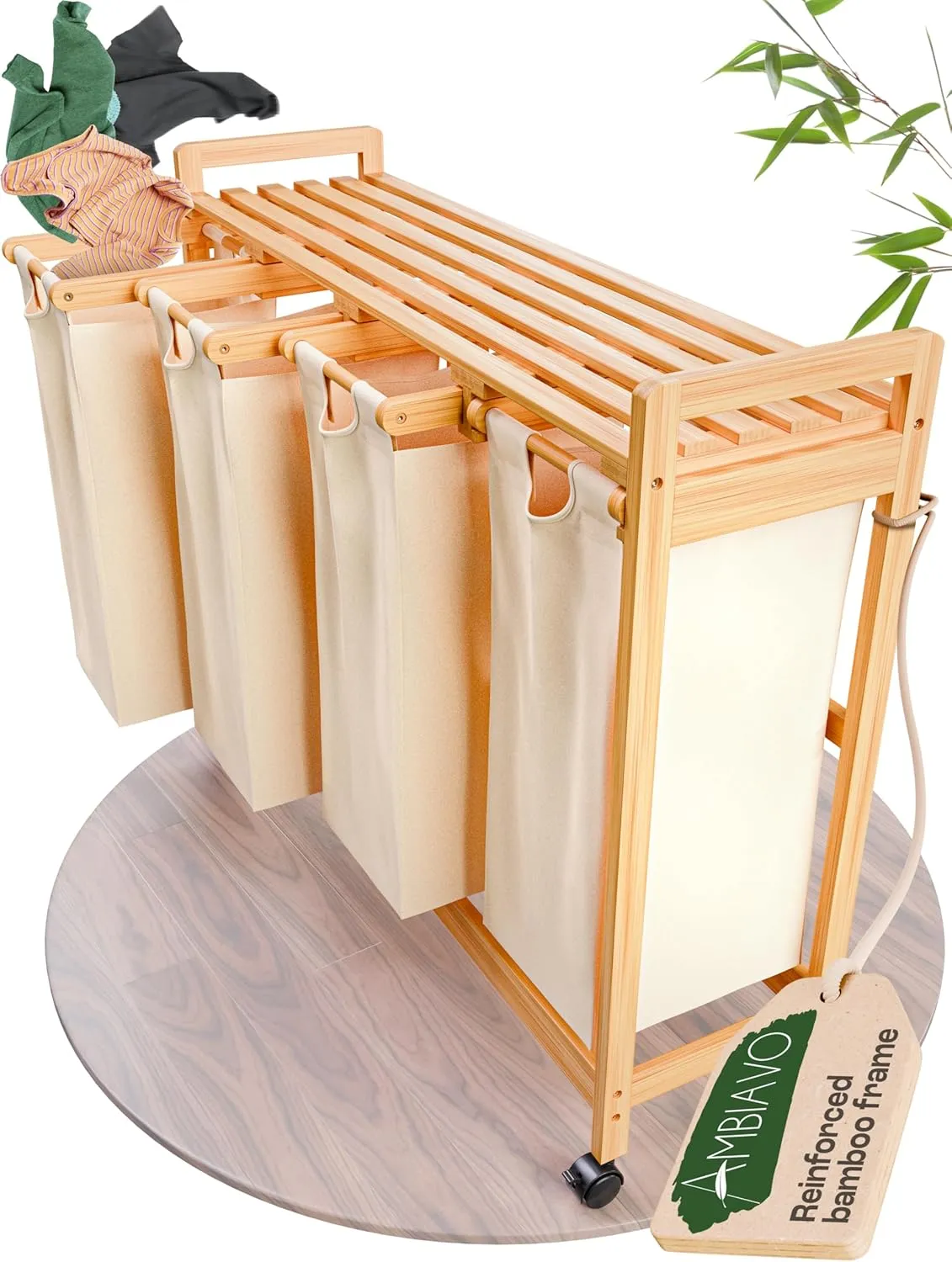 4-Section Laundry Sorter with Wheels – Removable Cotton Bags, Eco-Friendly Bamboo, Stylish Design