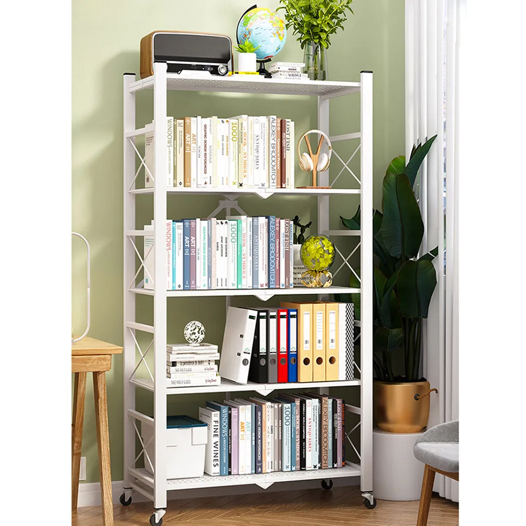 5 Tier Steel Foldable Display Stand Shelves Portable Storage Organiser W/ Wheels White