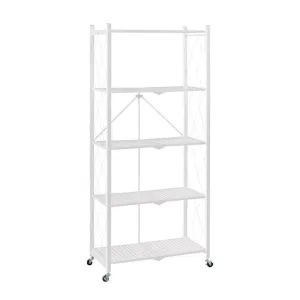 5 Tier Steel Foldable Display Stand Shelves Portable Storage Organiser W/ Wheels White