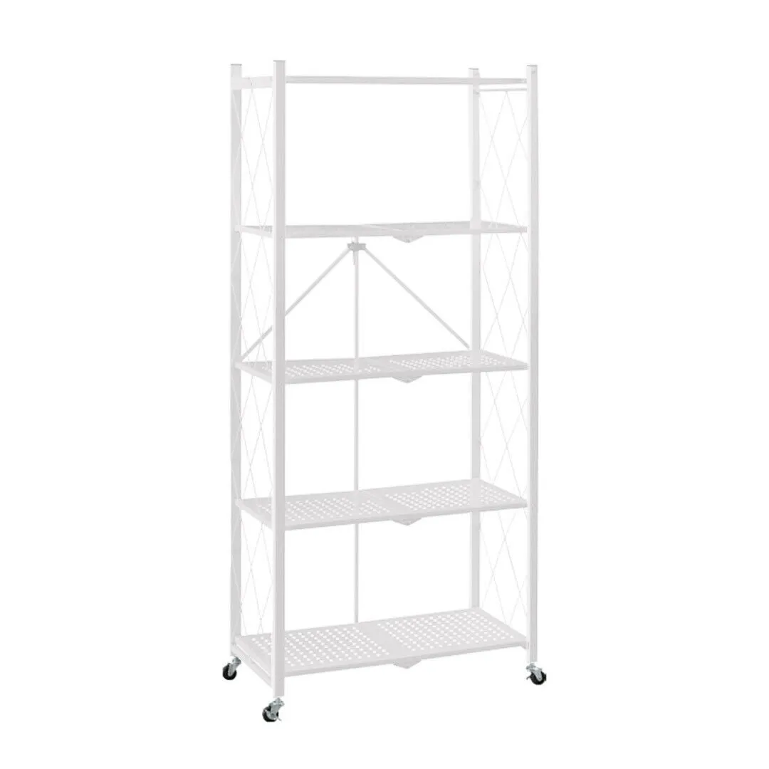 5 Tier Steel Foldable Display Stand Shelves Portable Storage Organiser W/ Wheels White