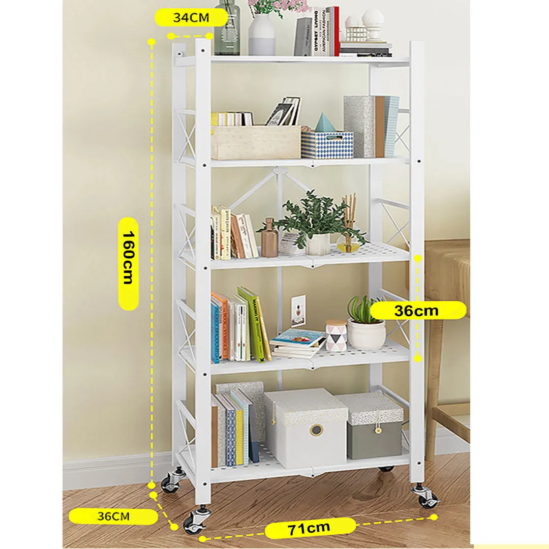 5 Tier Steel Foldable Display Stand Shelves Portable Storage Organiser W/ Wheels White