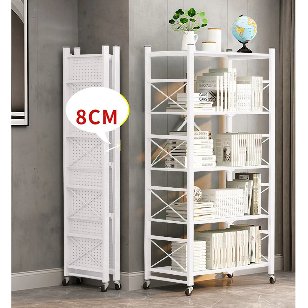 5 Tier Steel Foldable Display Stand Shelves Portable Storage Organiser W/ Wheels White