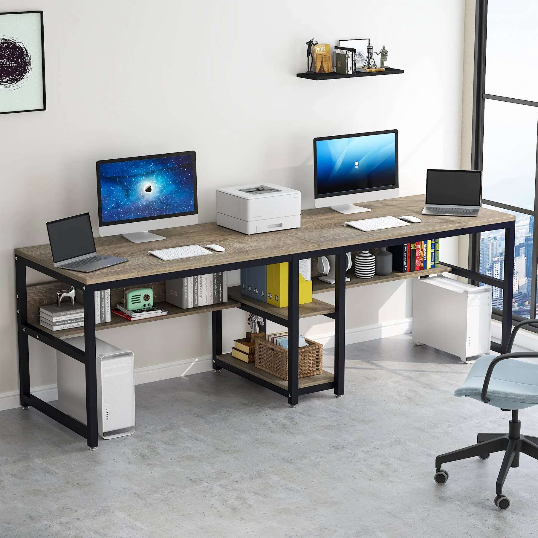 78.7" Two Person Desk, Double Computer Desk with Bookshelf