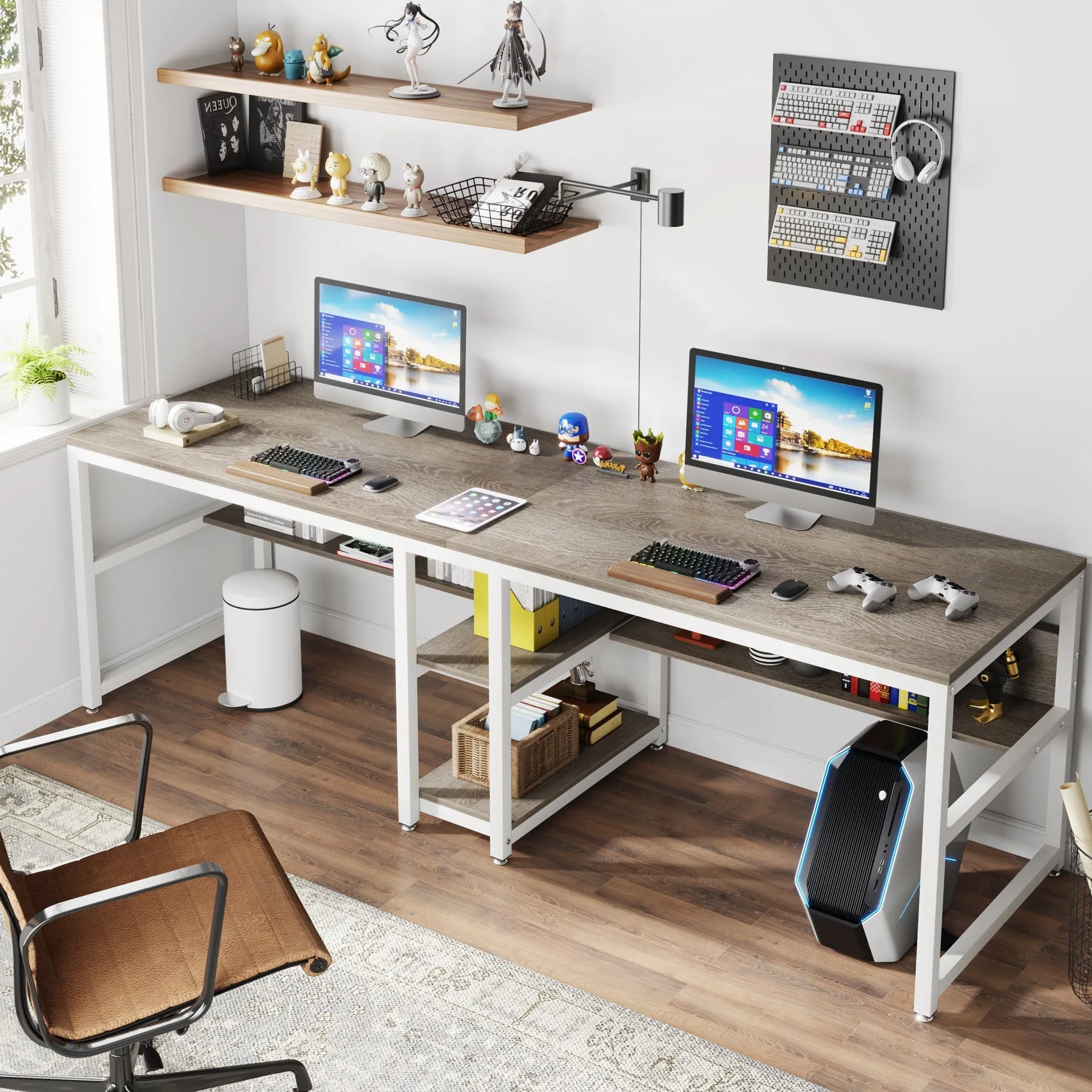 78.7" Two Person Desk, Double Computer Desk with Bookshelf