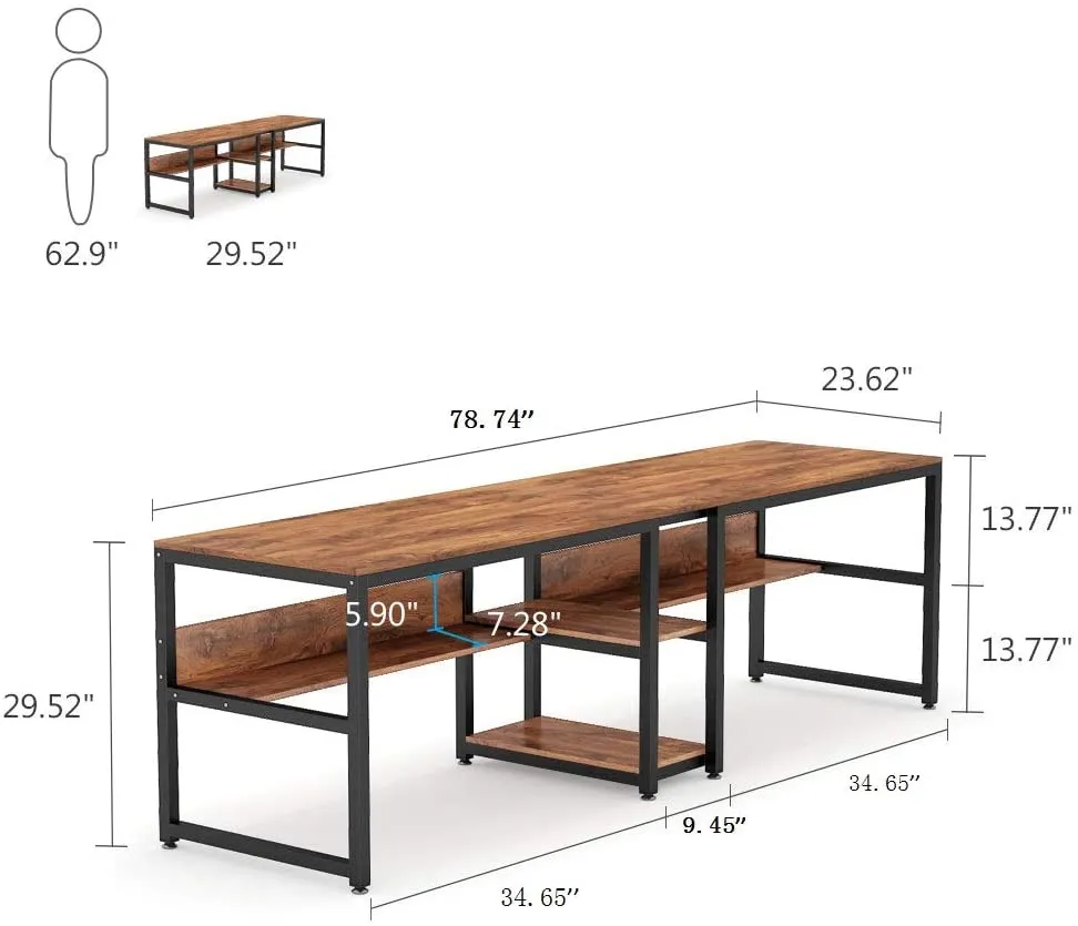 78.7" Two Person Desk, Double Computer Desk with Bookshelf