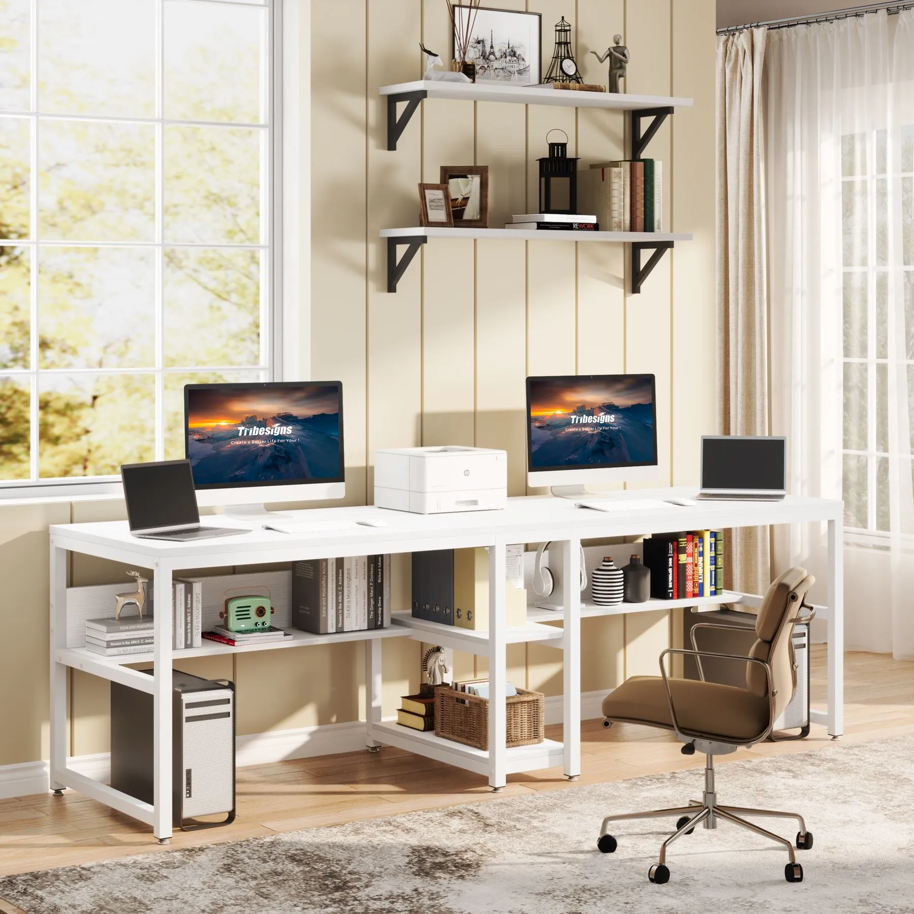 78.7" Two Person Desk, Double Computer Desk with Bookshelf