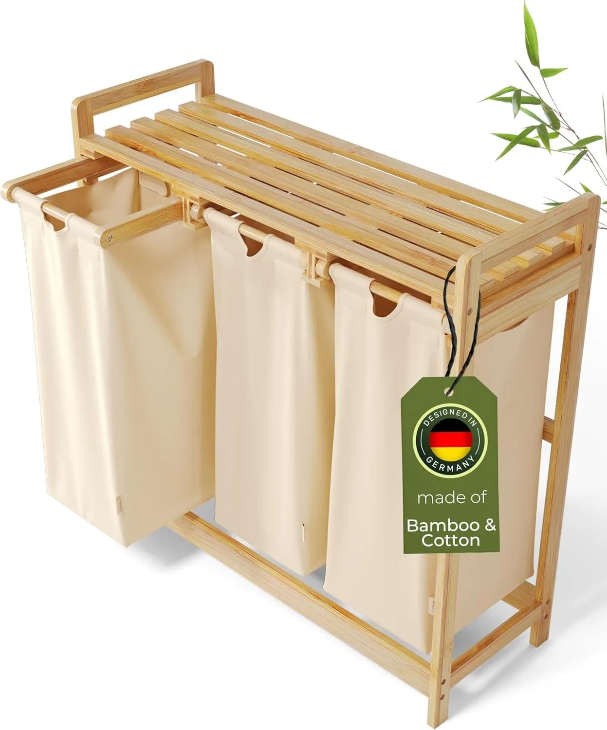 Bamboo Laundry Basket with Wheels – Large 3-Section Sorter with Removable Cotton Bags