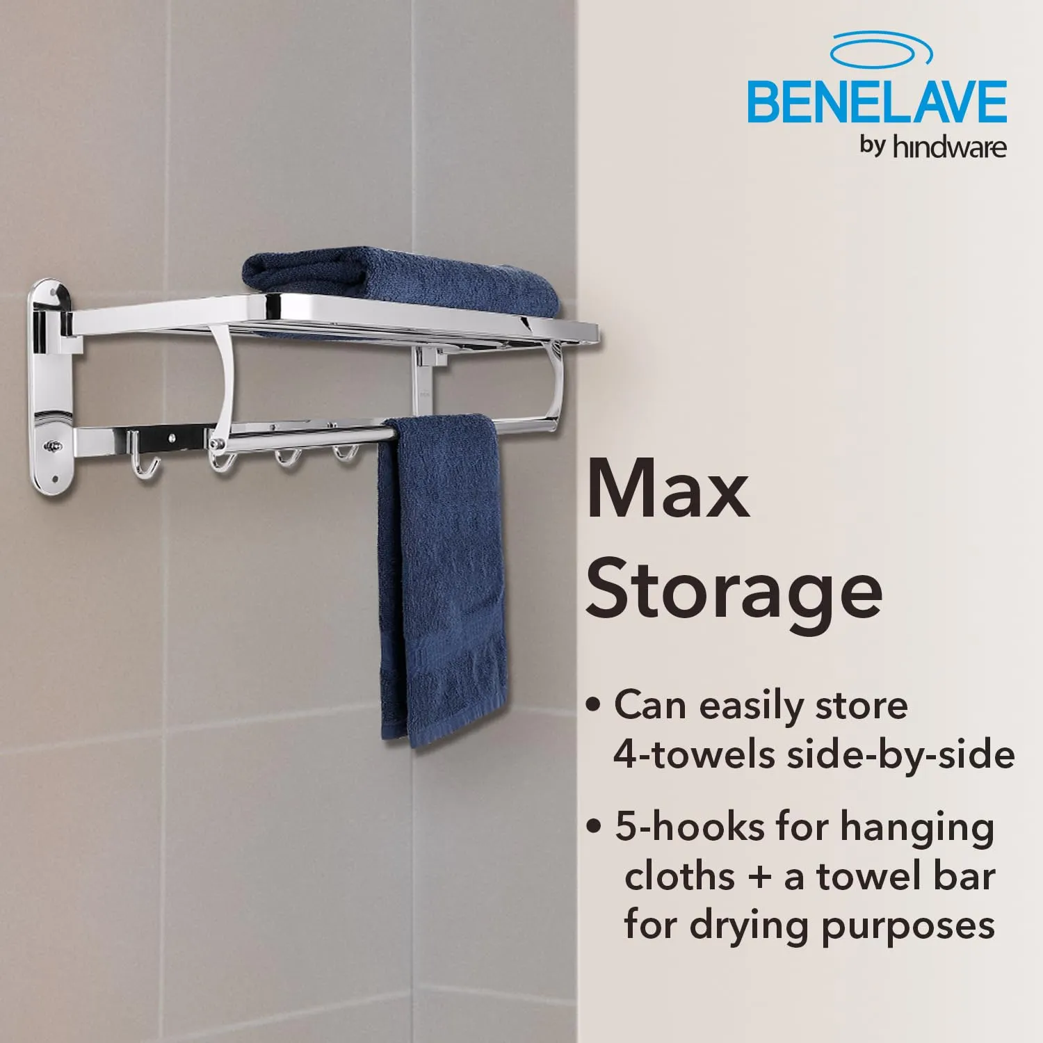 Benelave by Hindware Bathroom Accessories Bathroom Towel Shelf - Eco | Made of Stainless Steel | Stylish & Convenient | Space Saving