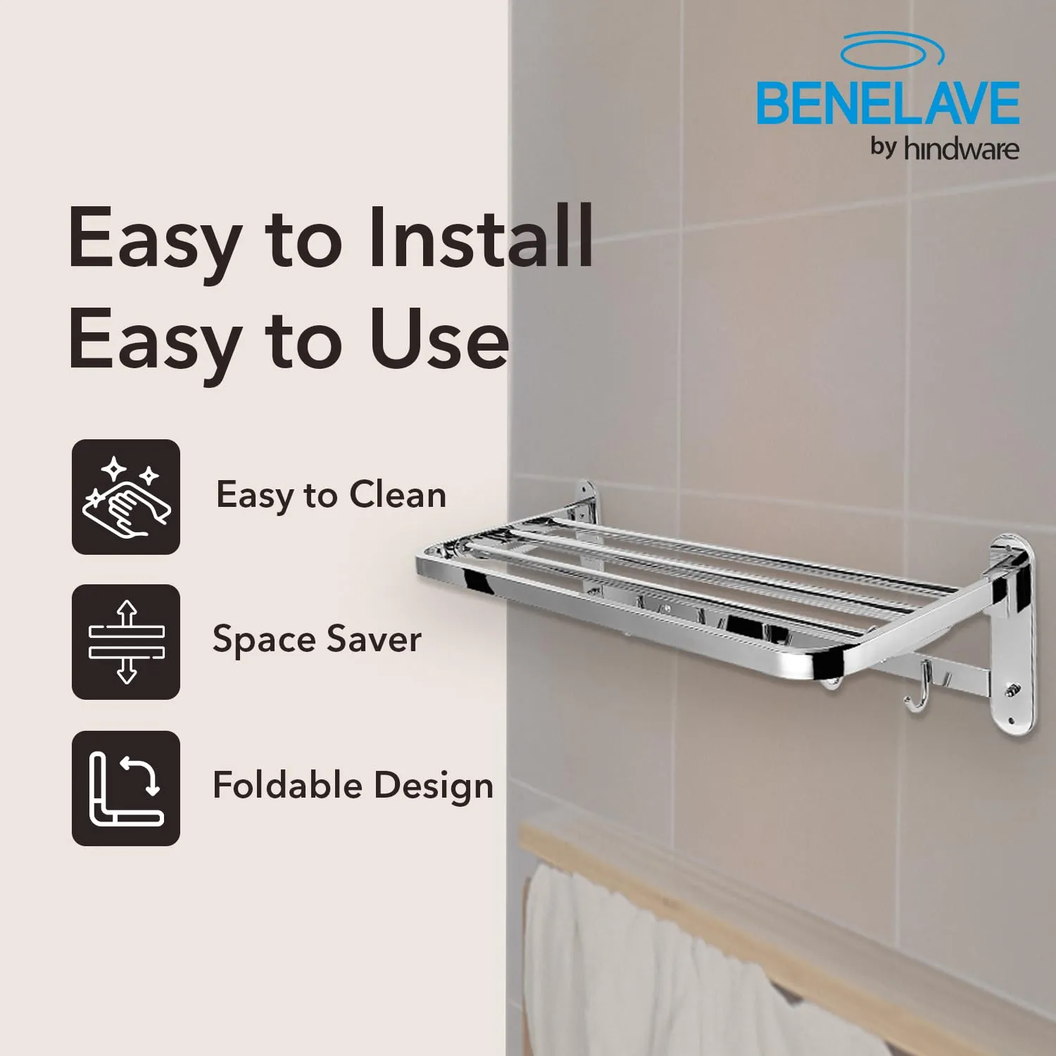 Benelave by Hindware Bathroom Accessories Bathroom Towel Shelf - Eco | Made of Stainless Steel | Stylish & Convenient | Space Saving