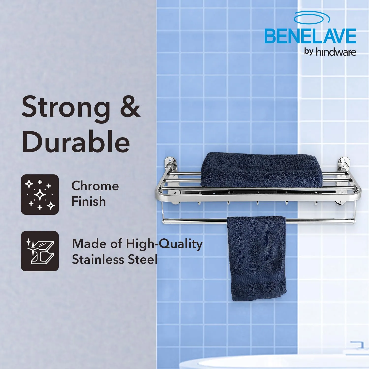 Benelave by Hindware Bathroom Accessories Bathroom Towel Shelf - Eco | Made of Stainless Steel | Stylish & Convenient | Space Saving