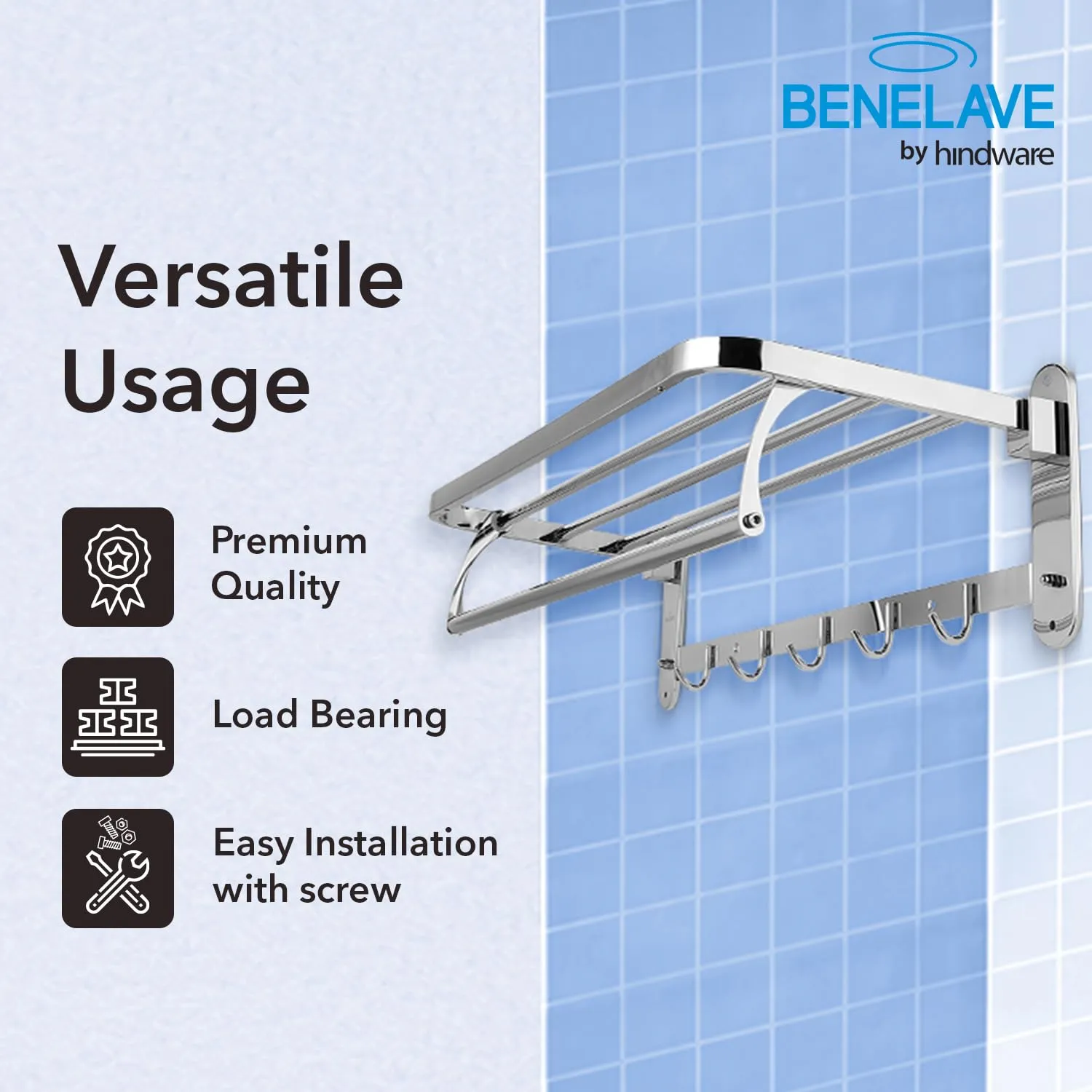 Benelave by Hindware Bathroom Accessories Bathroom Towel Shelf - Eco | Made of Stainless Steel | Stylish & Convenient | Space Saving