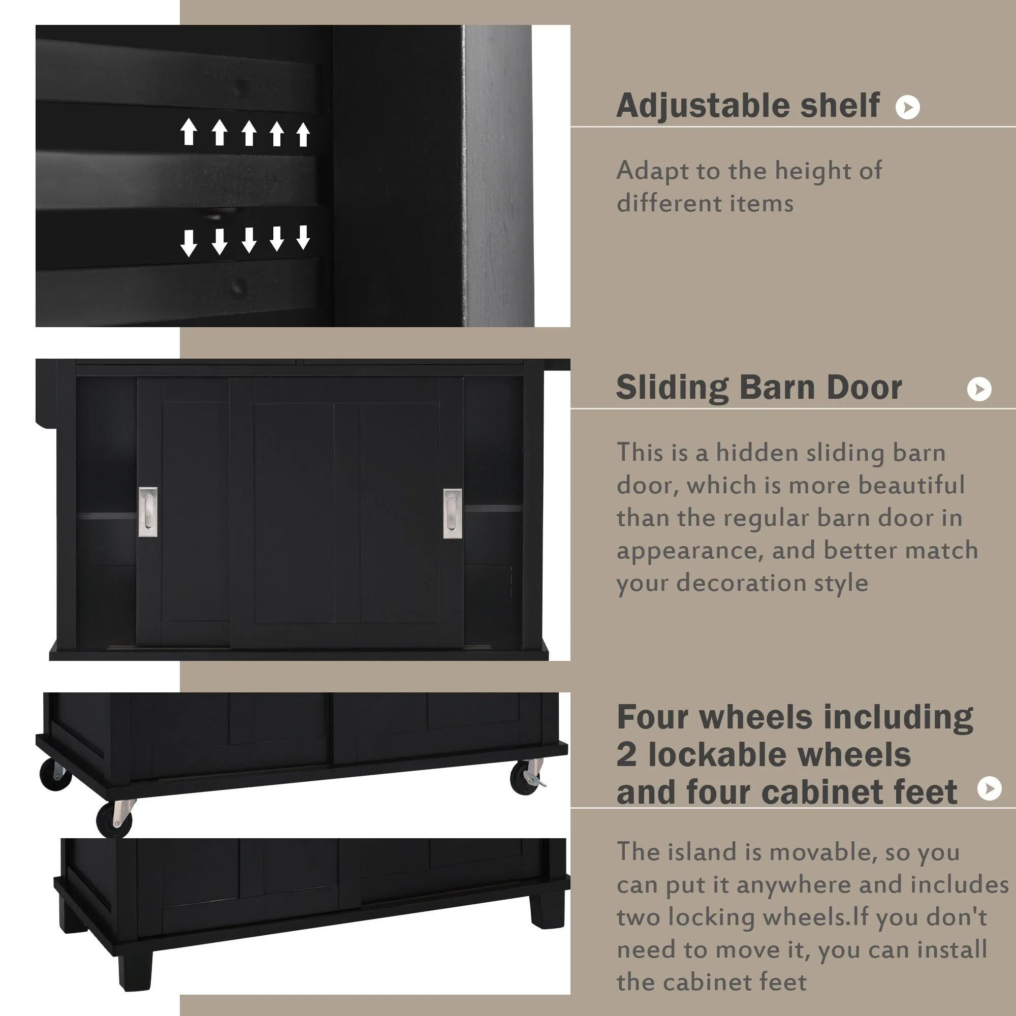 Black Kitchen Cart with Drop-Leaf Top, Sliding Barn Door, 4 Wheels, Storage Cabinet & 2 Drawers