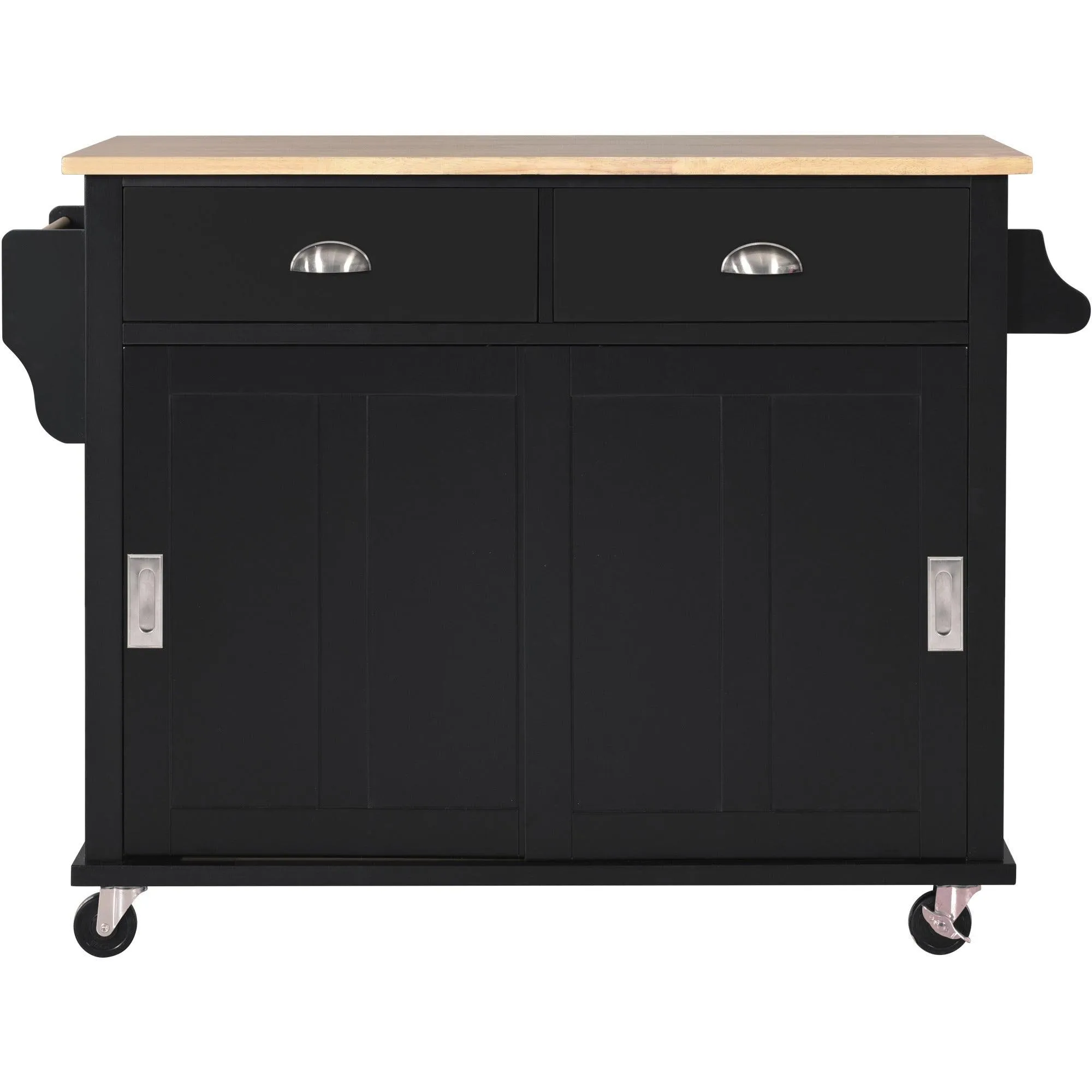 Black Kitchen Cart with Drop-Leaf Top, Sliding Barn Door, 4 Wheels, Storage Cabinet & 2 Drawers