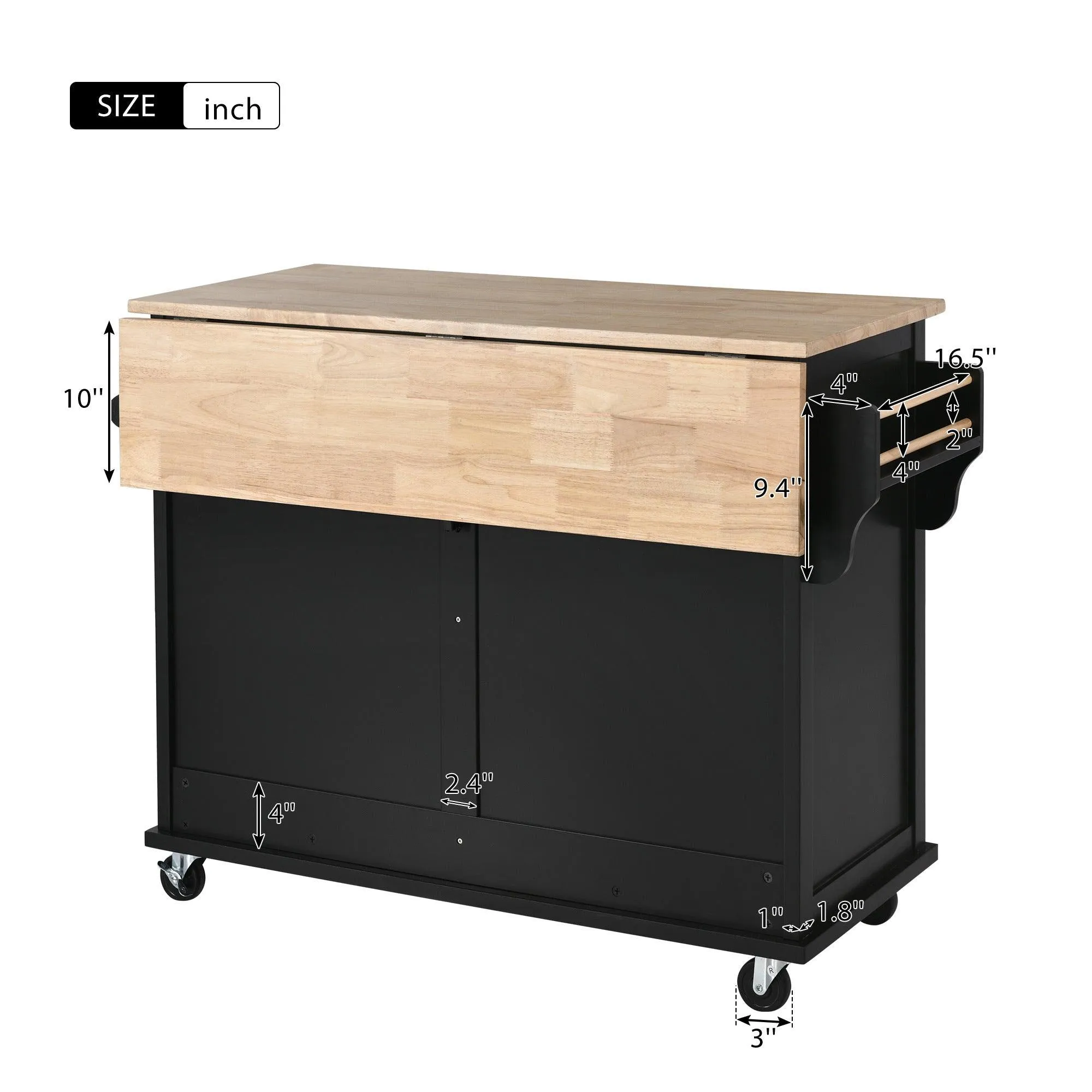 Black Kitchen Cart with Drop-Leaf Top, Sliding Barn Door, 4 Wheels, Storage Cabinet & 2 Drawers