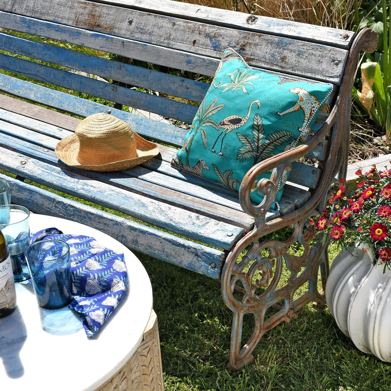 Blue Cast Iron Garden Bench - 1930