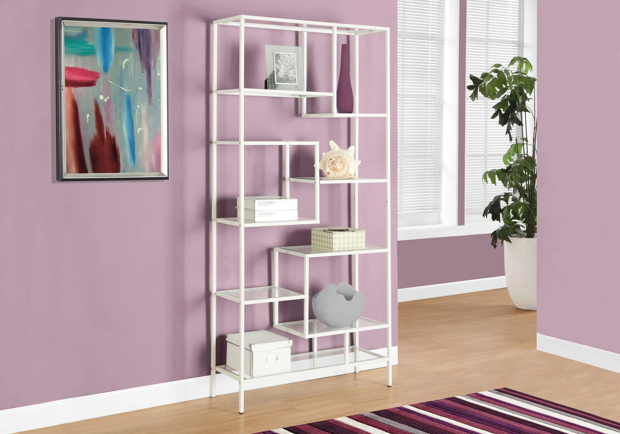 Bookcase - 72"H / White Metal With Tempered Glass