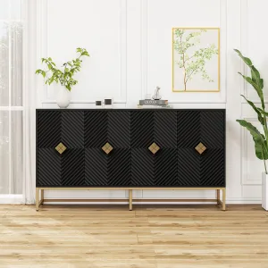 Carved 4-Door Sideboard Buffet Cabinet, Adjustable Shelf for Living Room & Kitchen