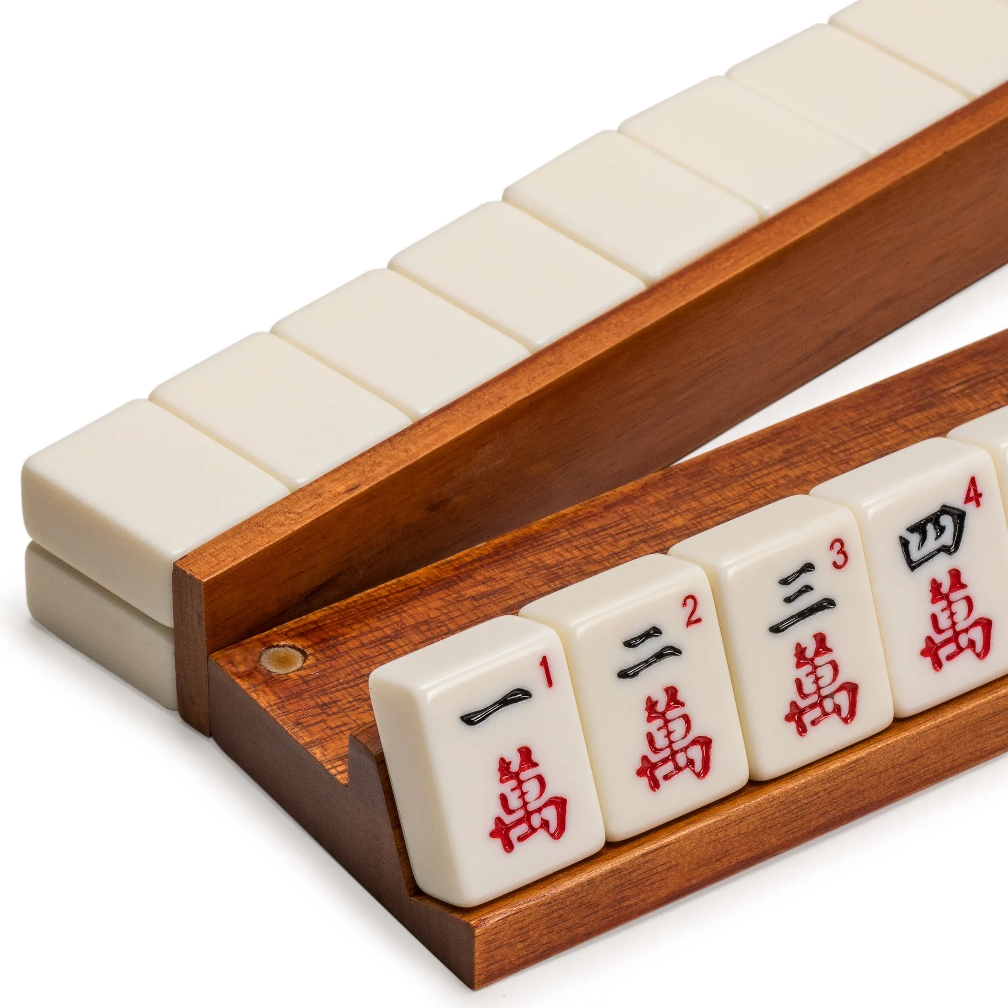 Classic Chestnut Color Wooden Mahjong Game Racks with Pushers, 18"  - Set of 4