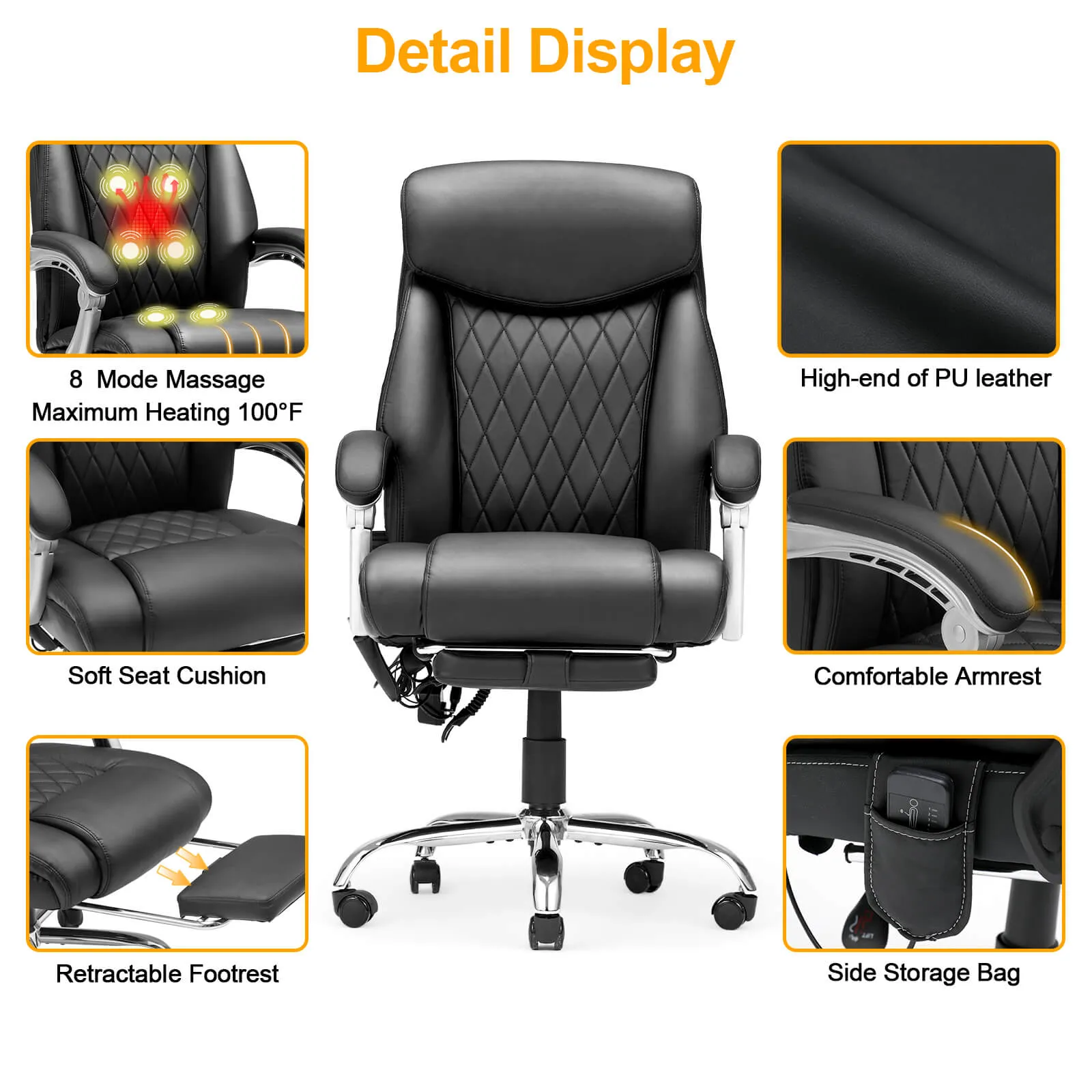 Executive Office Chair, Ergonomic Home Office Desk Chair Big and Tall with Heat and Massage, Black