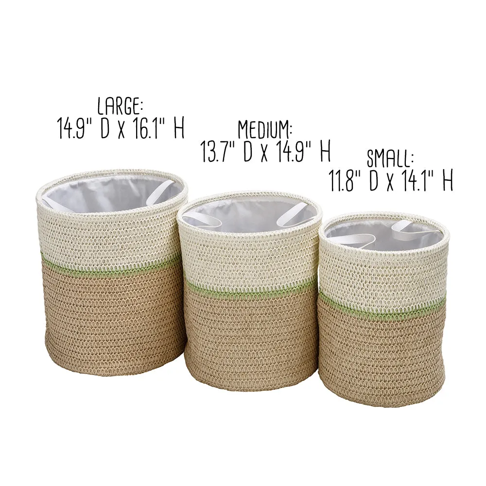 Green/Natural Paper Straw Nesting Baskets with Handles (Set of 3)