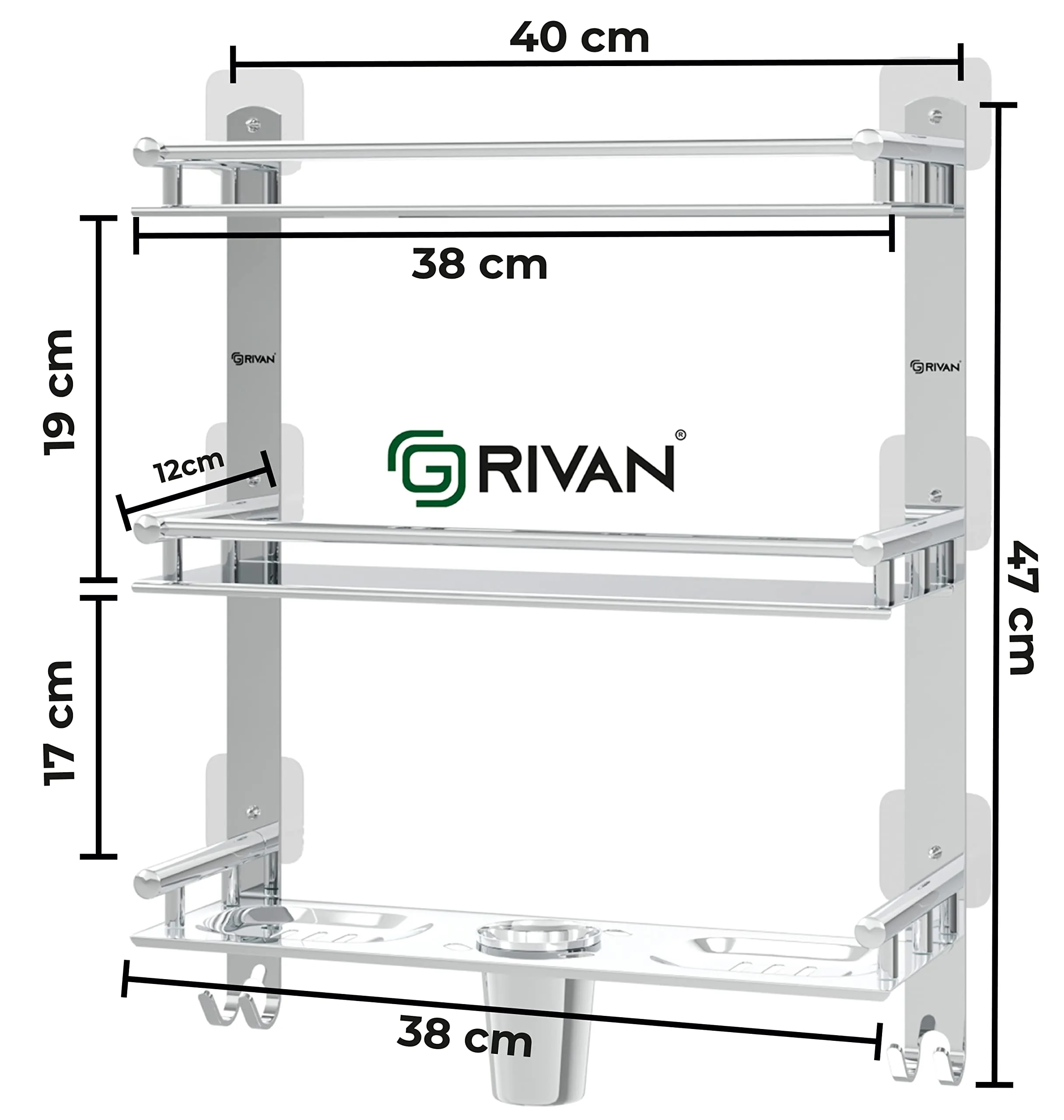 GRIVAN Magic Sticker Shelf Adhesive Anti Rust 3 Tier Multipurpose Bathroom Shelf Organizer with Double Soap Dish and Toothbrush Holder Stainless Steel Bathroom Accessories