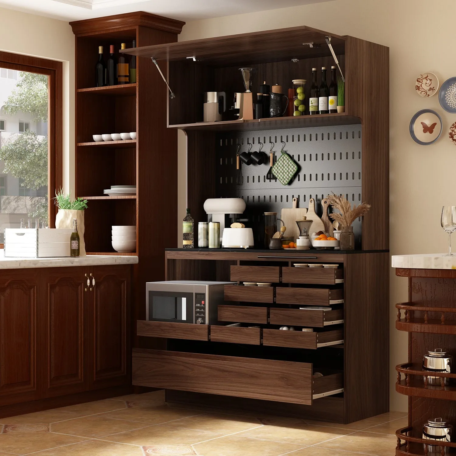 Kitchen Pantry Storage Cabinet Versatile Buffet Sideboard with Wine Storage and Drawers