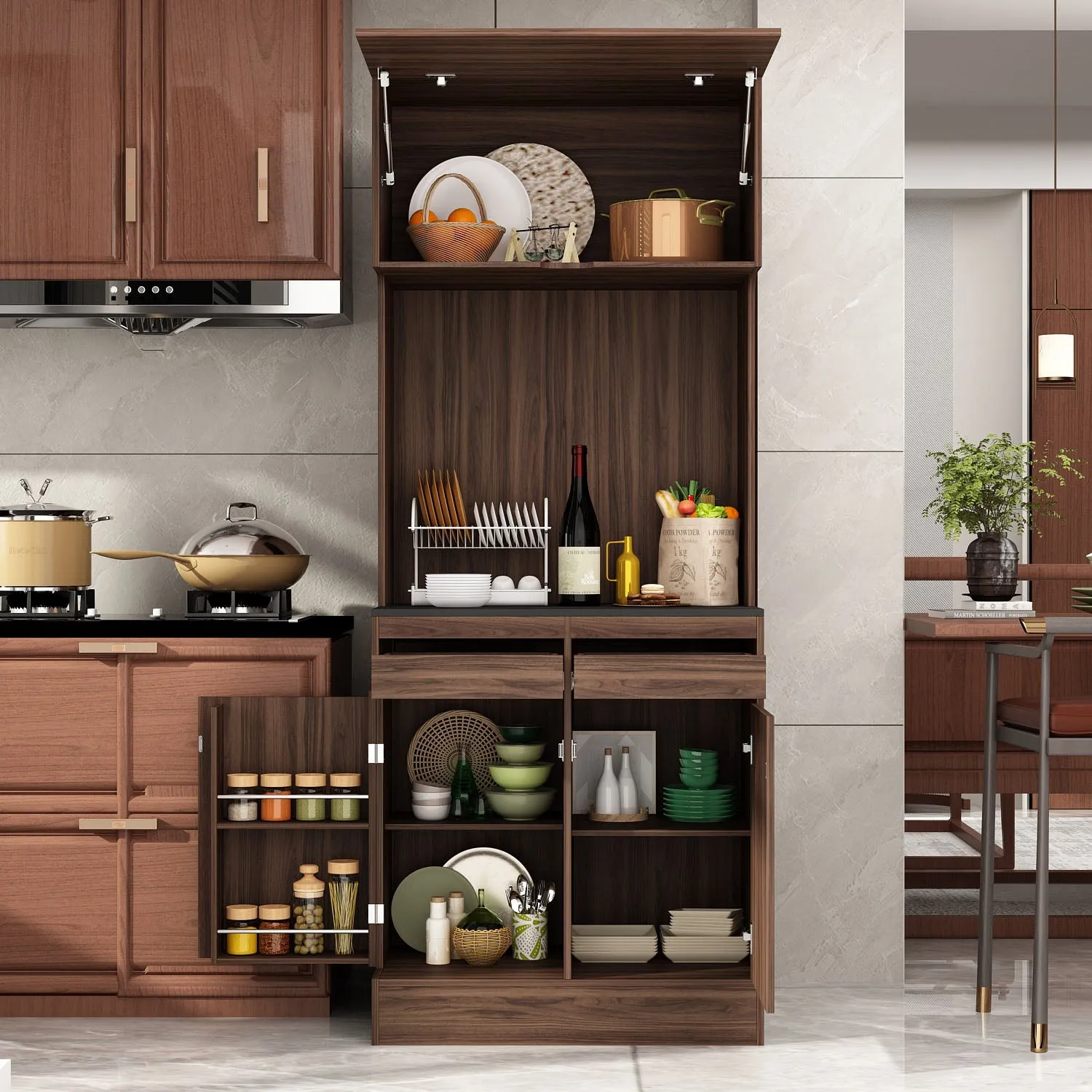 Kitchen Pantry Storage Cabinet Versatile Buffet Sideboard with Wine Storage and Drawers