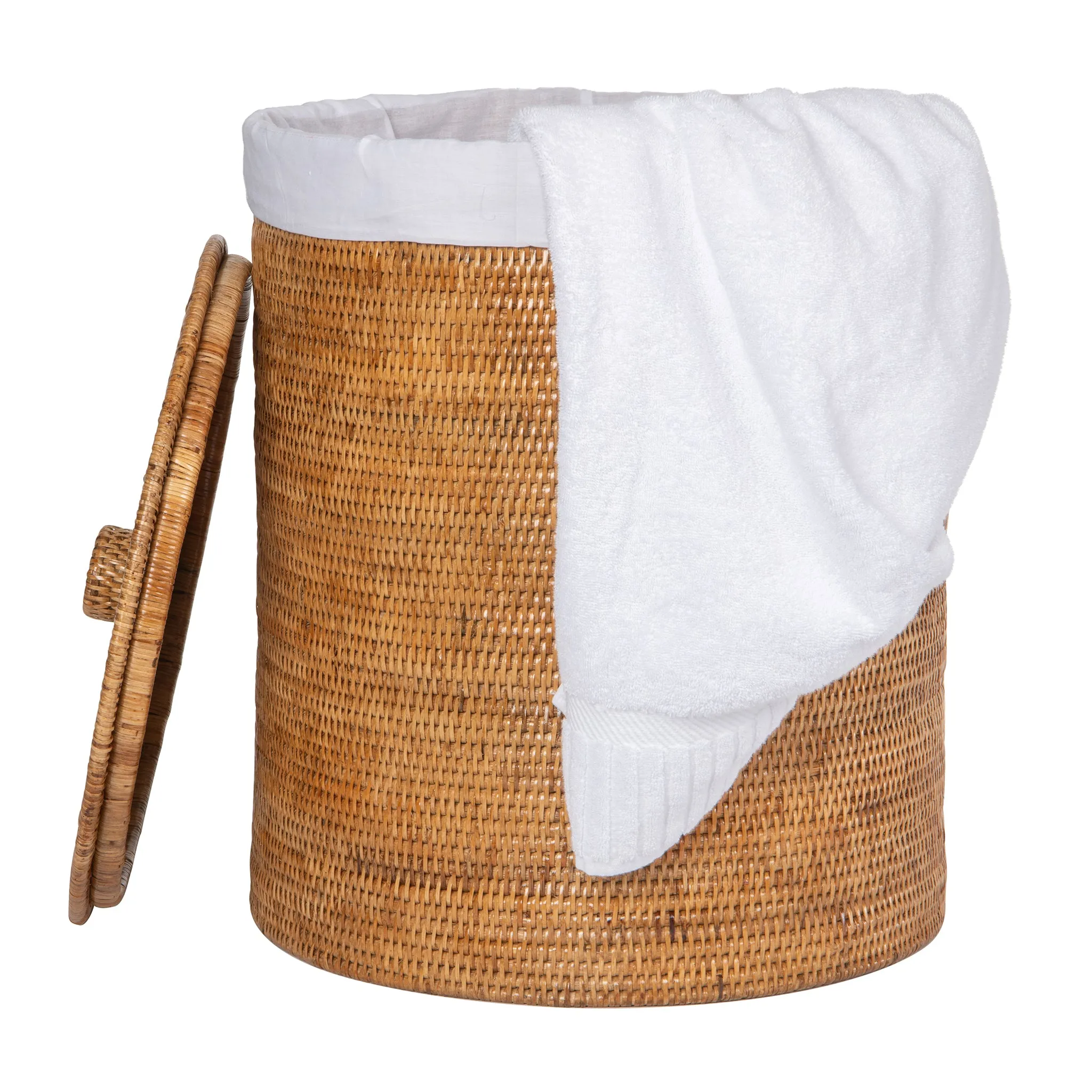 La Jolla Round Rattan Clothes Hamper & Laundry Basket with  Liner and Lid, 1 Large Load