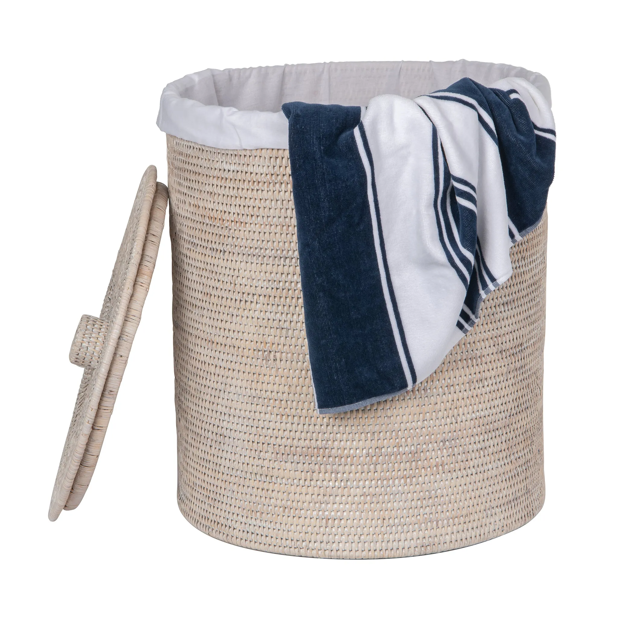 La Jolla Round Rattan Clothes Hamper & Laundry Basket with  Liner and Lid, 1 Large Load