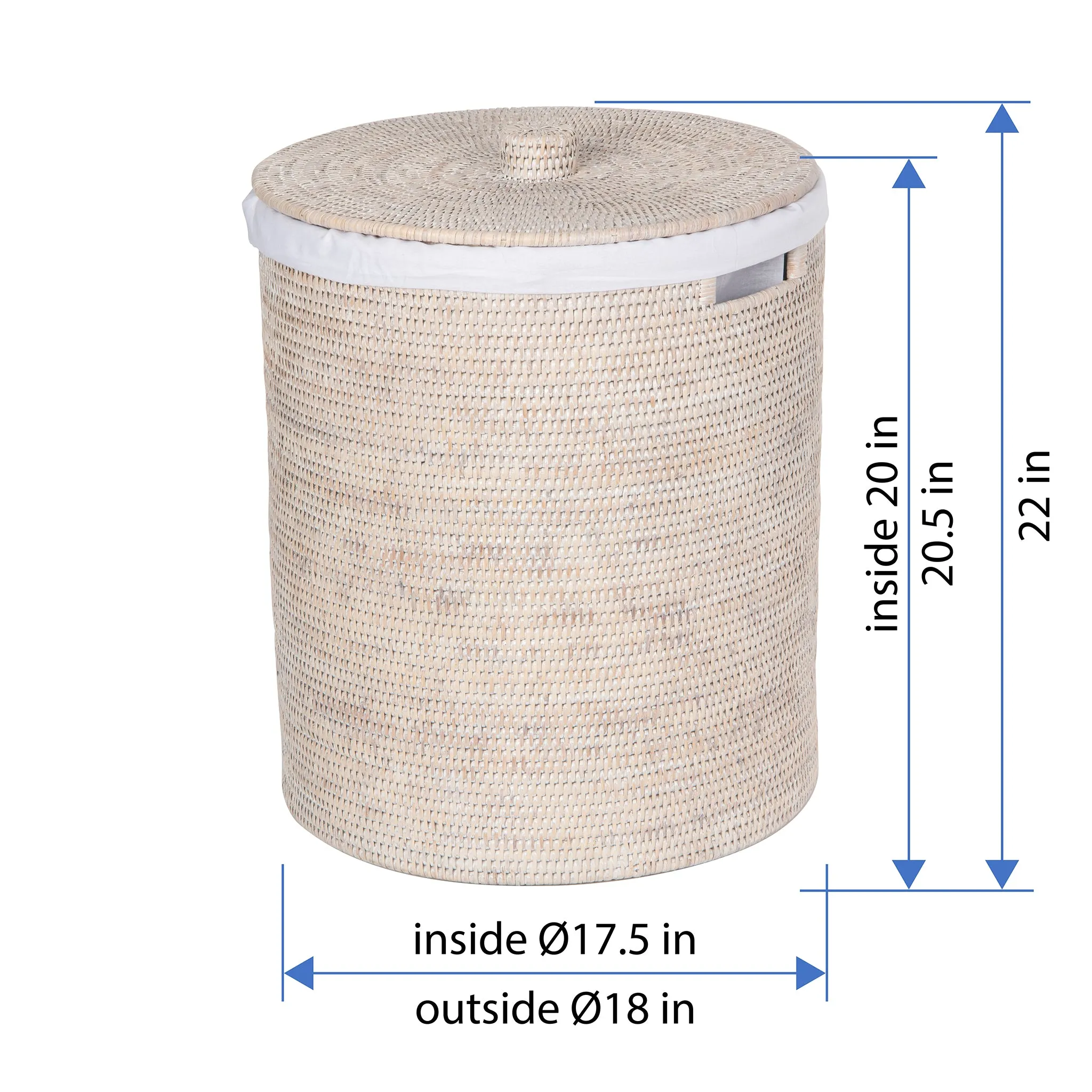 La Jolla Round Rattan Clothes Hamper & Laundry Basket with  Liner and Lid, 1 Large Load