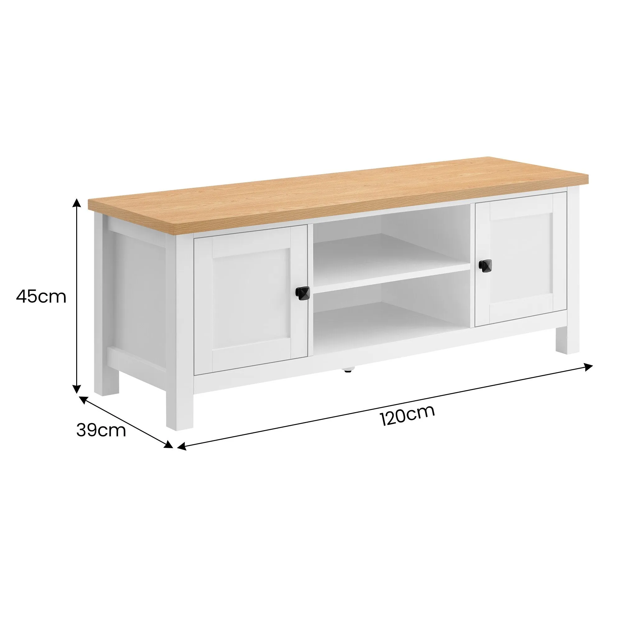 Modern Scandinavian TV Stand, 2 Cabinets, Wooden Top - Sarantino