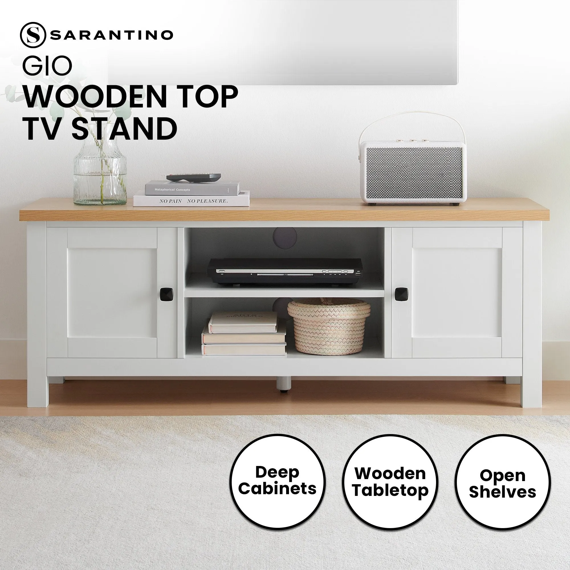 Modern Scandinavian TV Stand, 2 Cabinets, Wooden Top - Sarantino