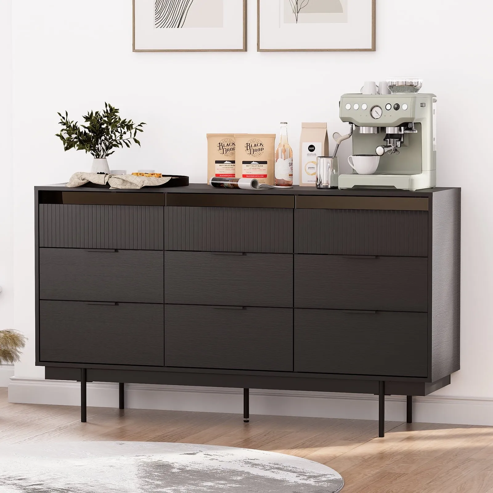 modern Storage Cabinet, 47" x 31.5" Buffet Cabinet with Storage, Black Sideboard with 2 Sliding Doors & 3 Drawers, Wood Coffee Bar Entryway Storage for Living Room