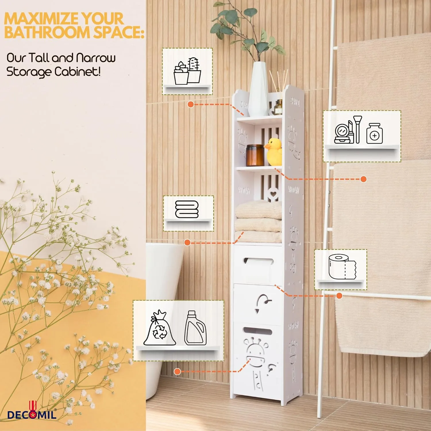 Narrow Storage Cabinet for Kids Bathrooms - Wooden (PVC) Floor Cabinet with 3 Tiers and Drawer, Waterproof and Space-Saving