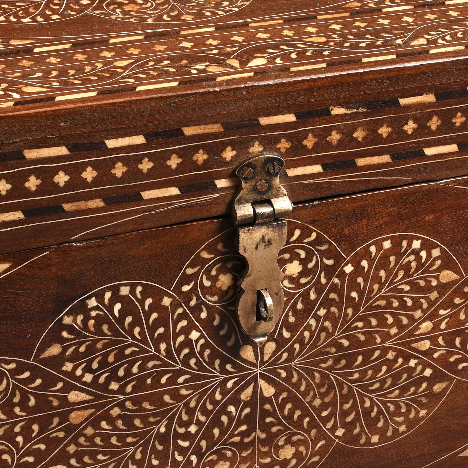 Old Indian Bone Inlay Teak Chest - 19th Century