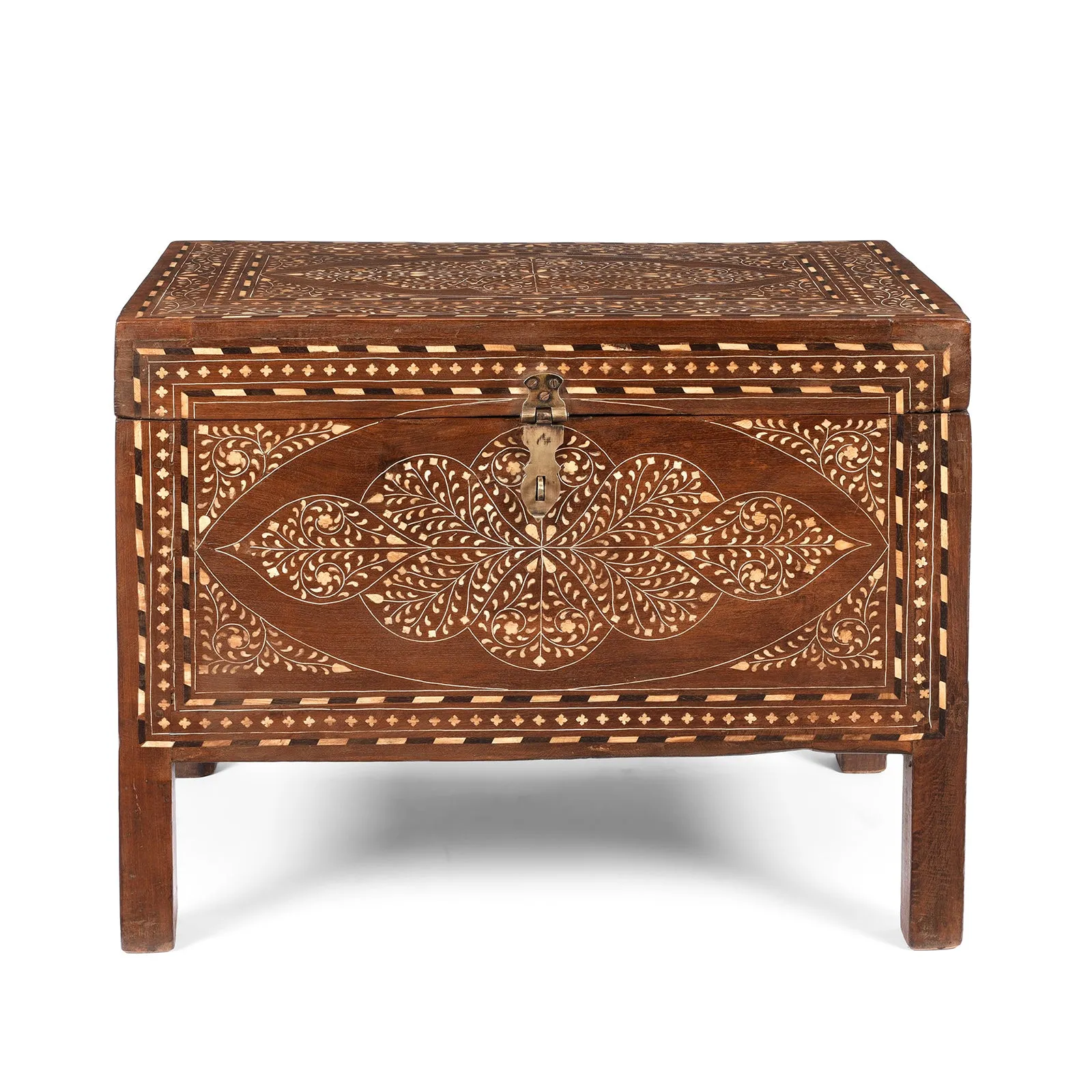 Old Indian Bone Inlay Teak Chest - 19th Century