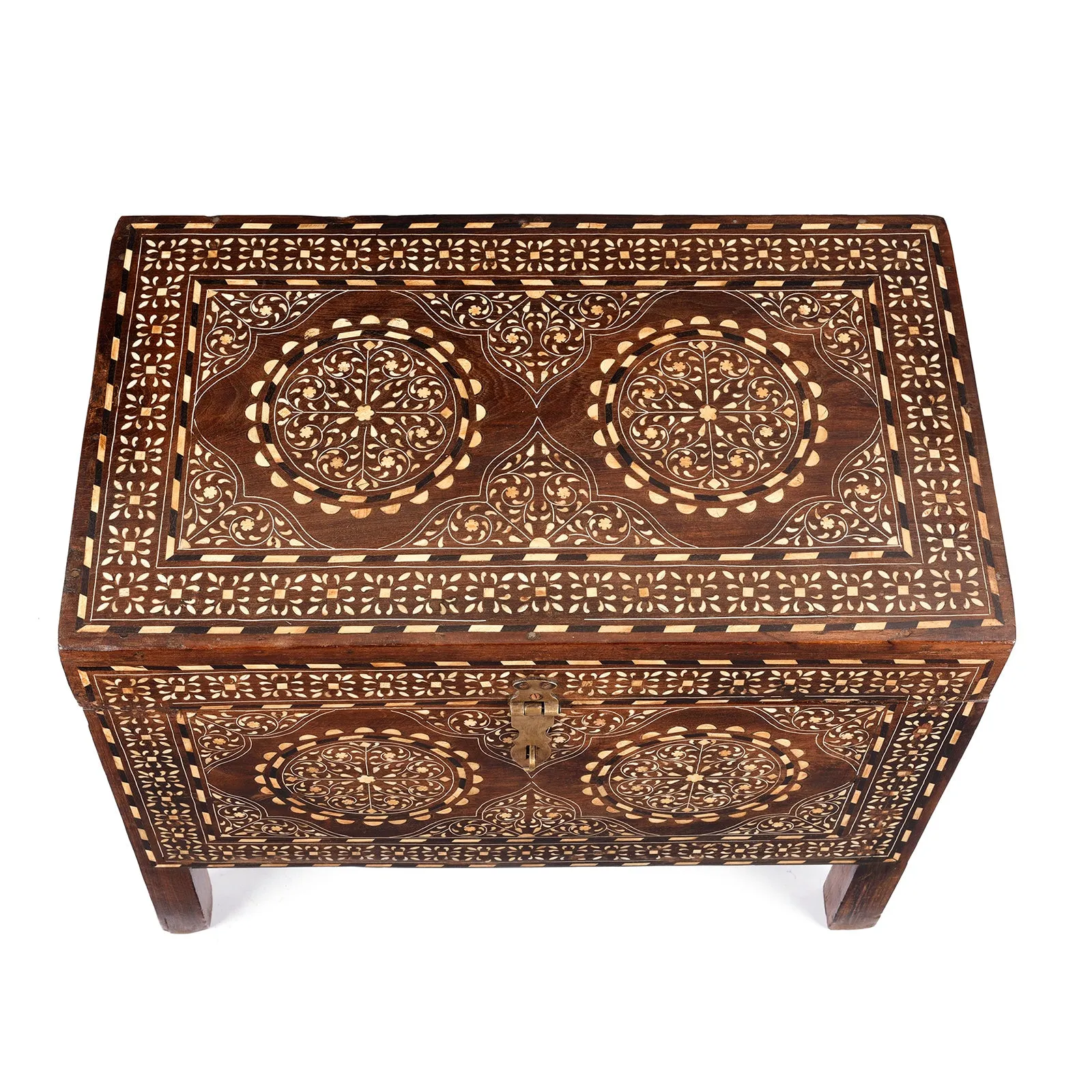 Old Indian Bone Inlay Teak Chest - Ca 1900